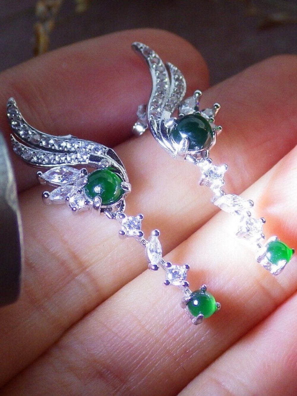 Sterling Silver 925 Green Natural A Jade jadeite Cabochon Earring Dangle